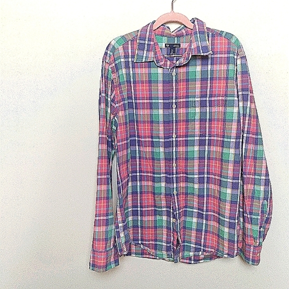 Gap Factory Pink Green and Blue Plaid Classic Fit Button Up Shirt Size Large - Picture 2 of 10
